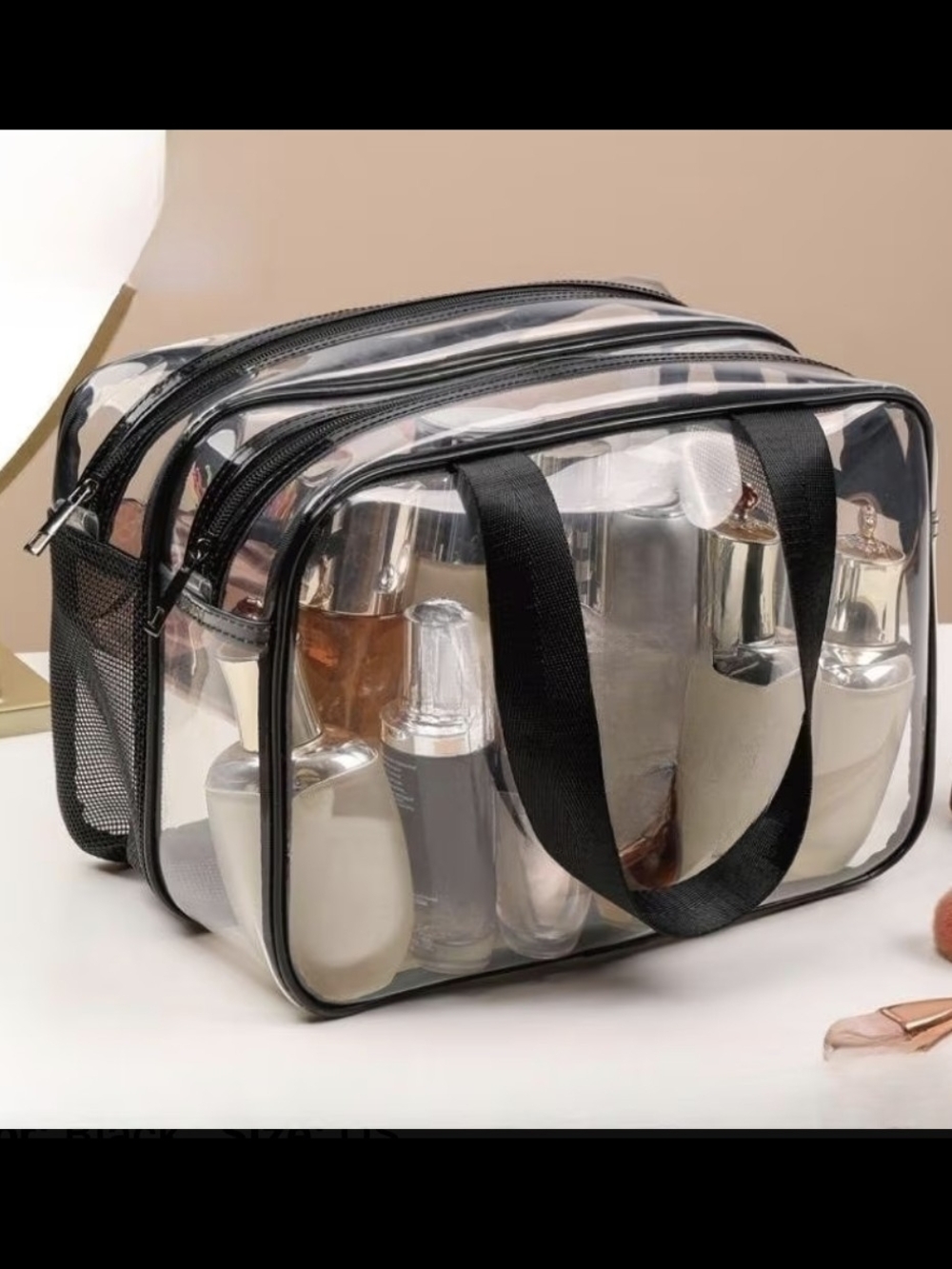 Clear Cosmetic Travel Bag with Black Trim and Handles